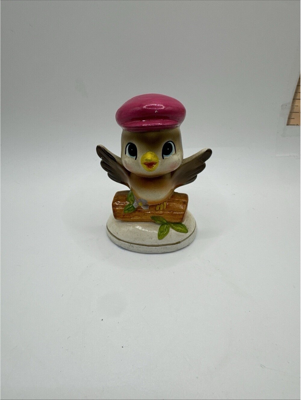 Vintage Ceramic Bird With Pink Hat Handmade In Korea